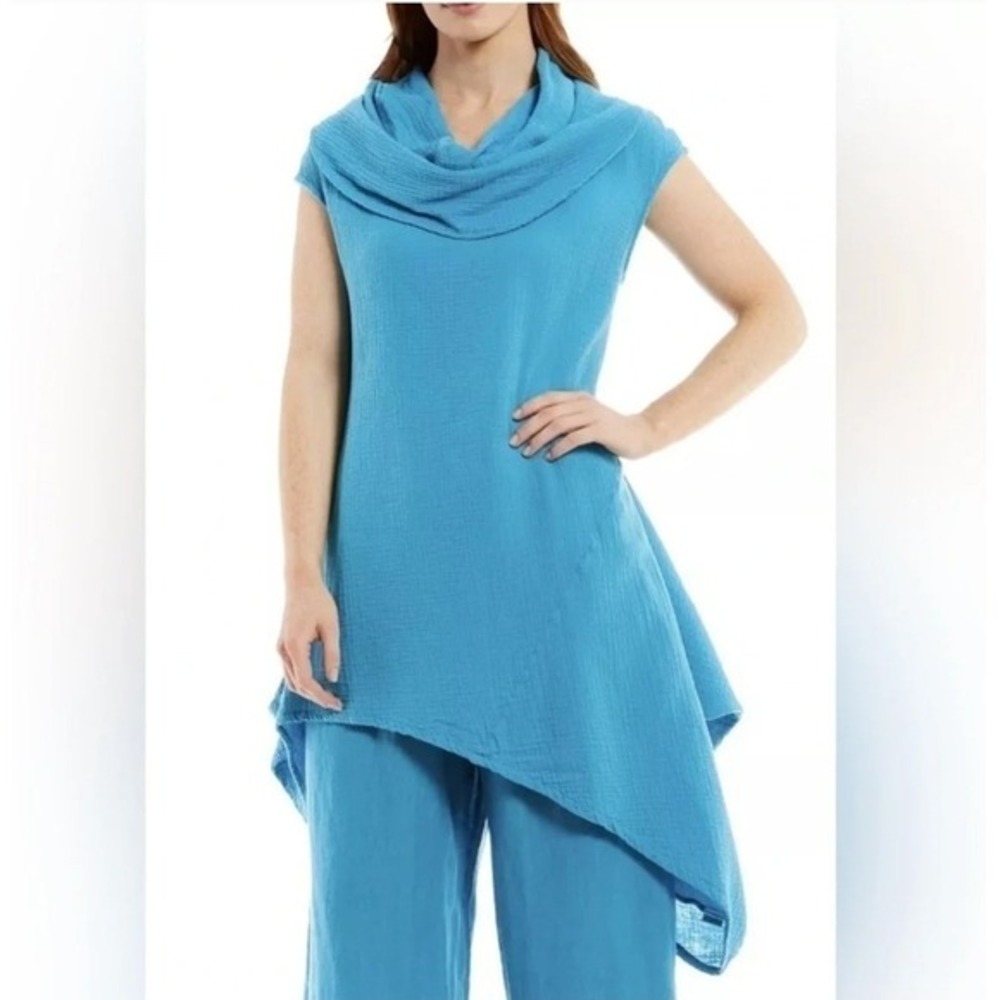 Bryn Walker Blue‎ Cotton Gauze Cowl Asymmetric Hem Tunic Top XXL Boho Lagenlook